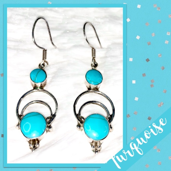 Turquoise Sterling Silver Dangle Earrings, HOB Mexico 925 (Turquoise Blue) - Picture 5 of 7